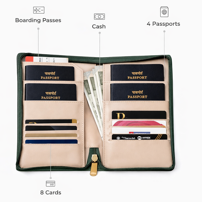 Family Travel Organizer- for 4 passports - Green
