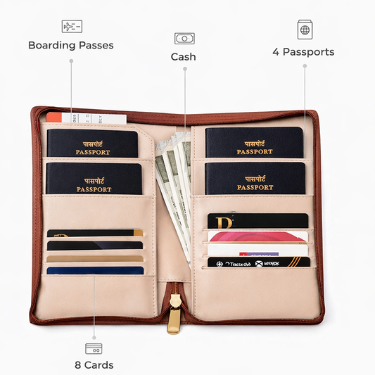 Family Travel Organizer- for 4 passports - Brown